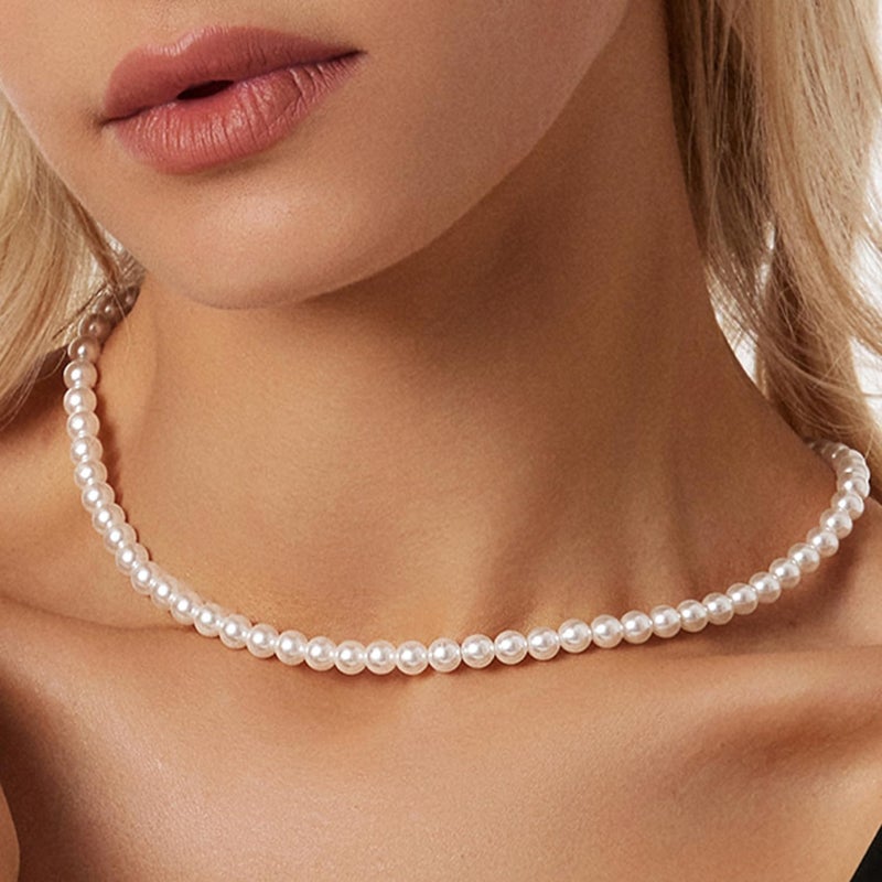 Zeffy Pearl Necklace 4MM/6MM/8MM Dainty Round Imitation Pearl Choker Necklace Wedding Pearl Necklace Delicate Jewelry for Women Simple Bridesmaid Jewelry Gifts - Image 5